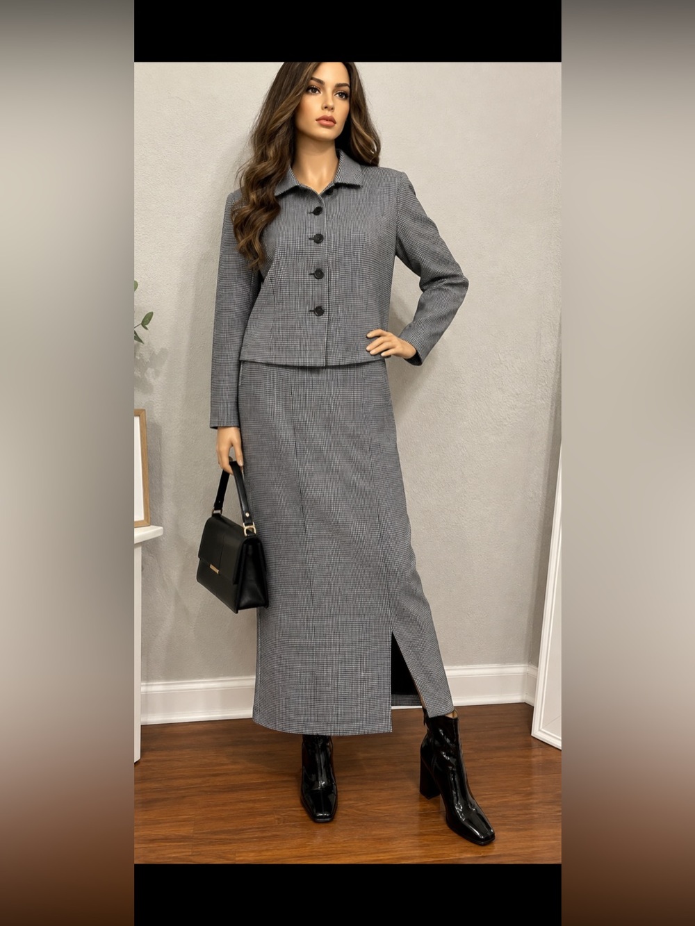 Women’s Houndstooth 2 Piece Skirt Suit Set Long Sleeve Jacket Midi Skirt Gray Bl
